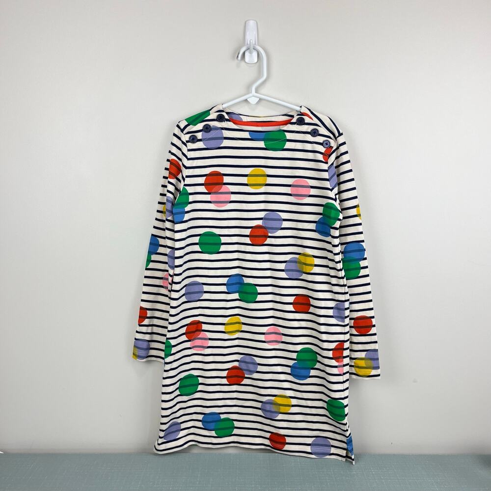 Mini Boden Fun Breton Dress Ivory Navy Stripe Rainbow Polka Dots 7-8 NWOT